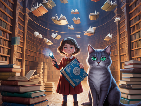 Clara steht mit der sprechenden Katze in der verzauberten Bibliothek