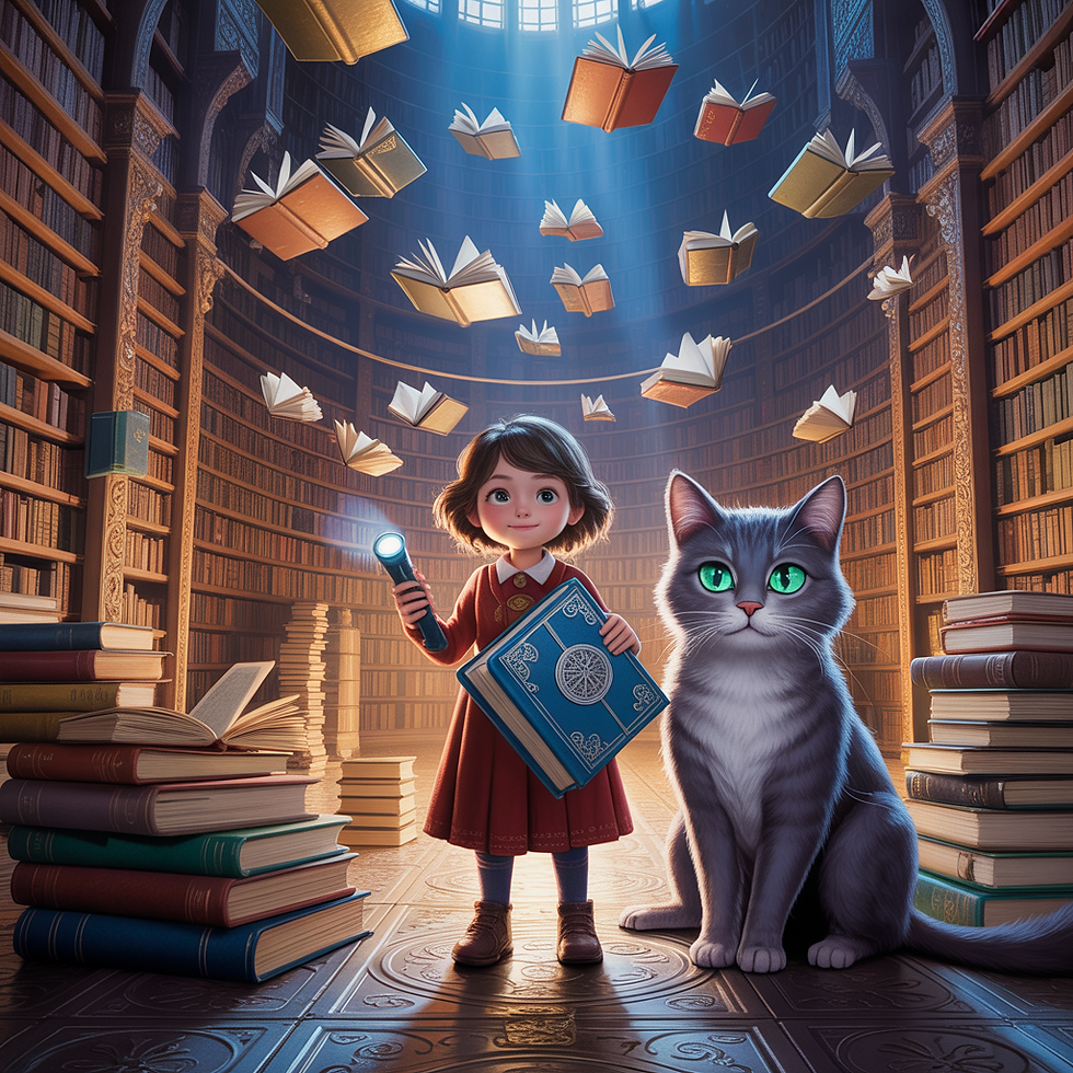 Clara steht mit der sprechenden Katze in der verzauberten Bibliothek