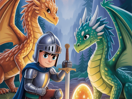 Arvid kniet neben den Drachen und dem goldenen Ei