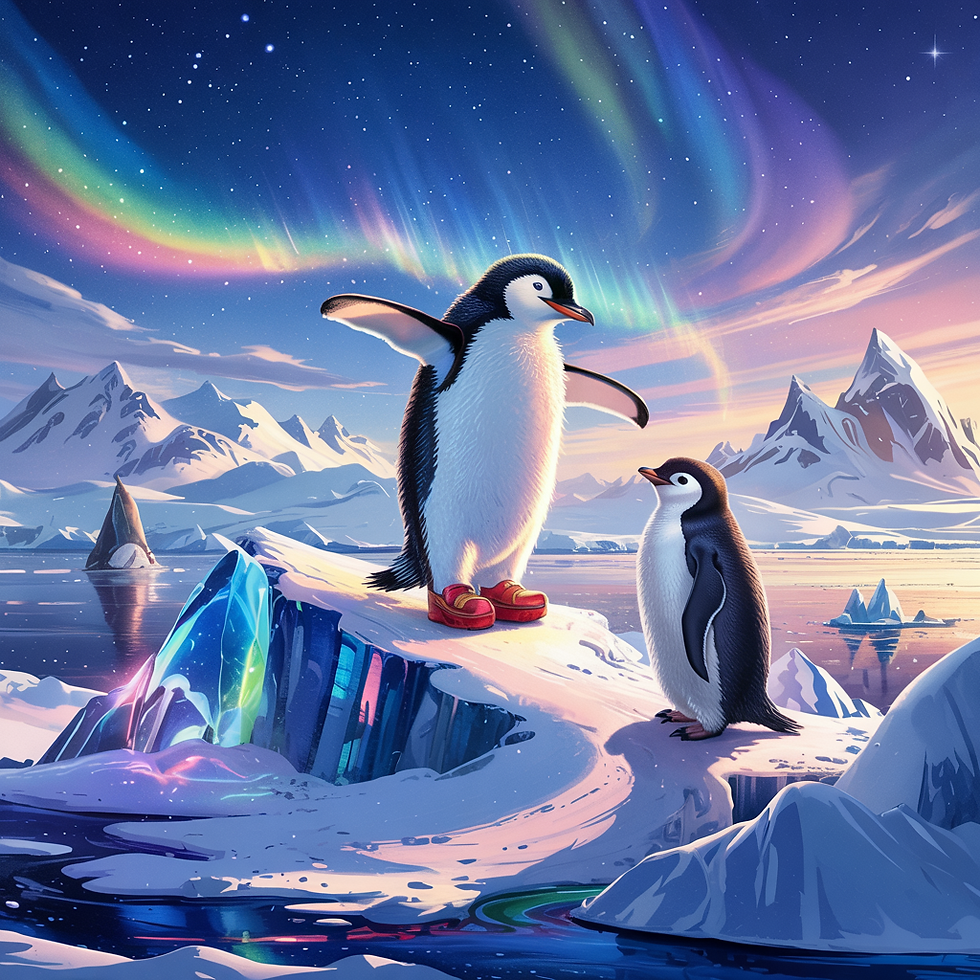 Der Pinguin mit den roten Schuhen steht auf einer Eisscholle