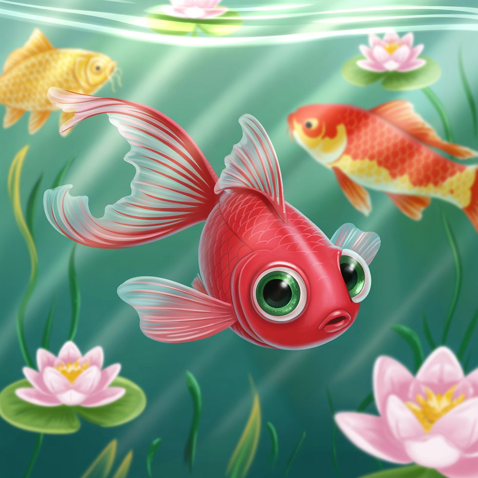Flossi Rotfeder schwimmt im neuen Teich