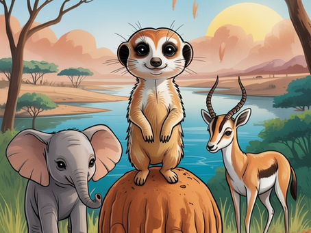 Sammy und seine Freunde stehen in der Savanne am See