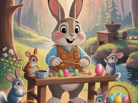 Der Osterhase bemalt mit seinen Gehilfen die Ostereier