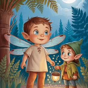 Jona steht im Elfenwald mit dem Nachtlicht