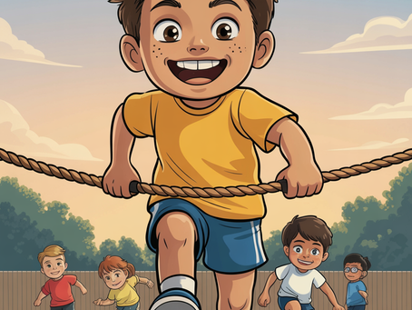 Robert rennt über den Rasen mit anderen Kindern