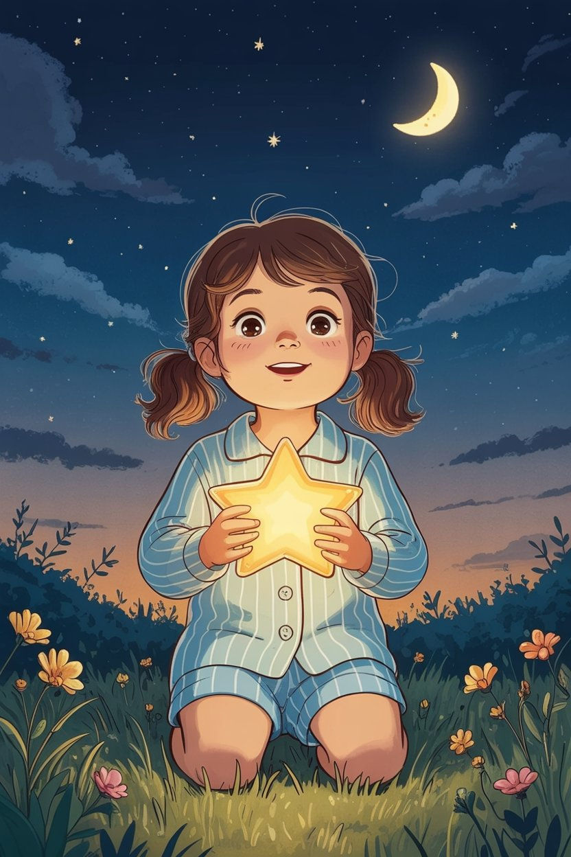 Fiora hockt im Gras und hält den kleinen Stern ganz fest