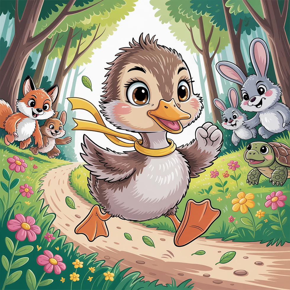 Emma die Ente rennt durch den Wald