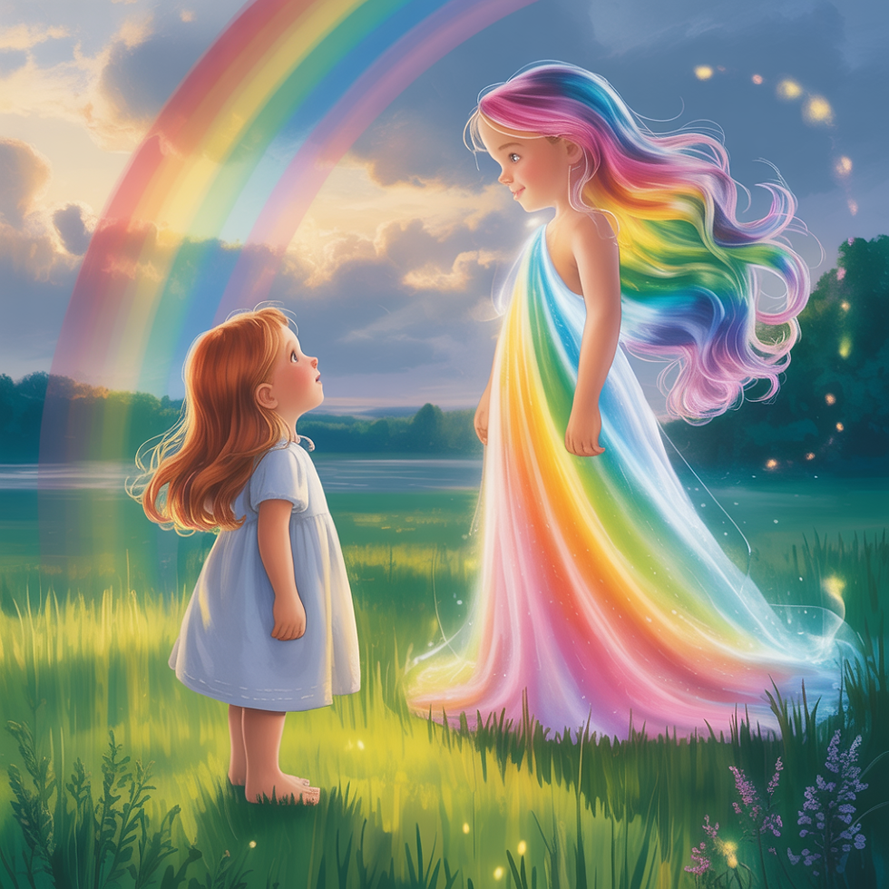 Lilli steht auf der Wiese mit dem Regenbogengeist