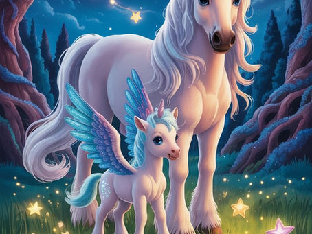 Luna das Einhorn steht mit ihrer kleinen Schwester Saphira im Wald