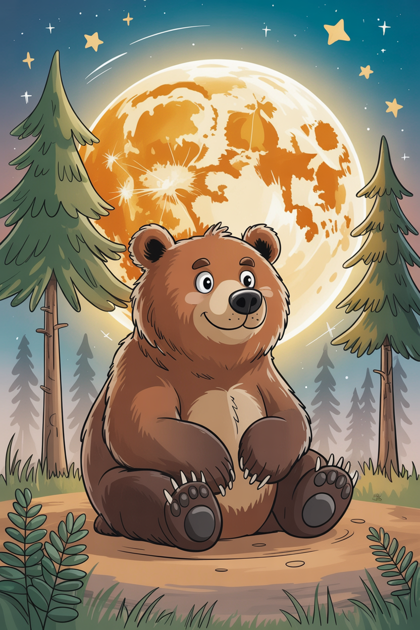Bruno der Bär sitzt im Wald und starrt den Mond an, da er so lecker aussieht