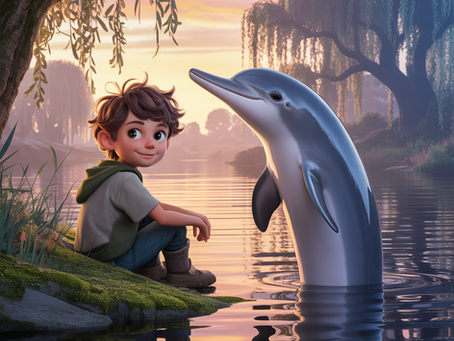 Elias sitzt am Fluss mit dem Delfin