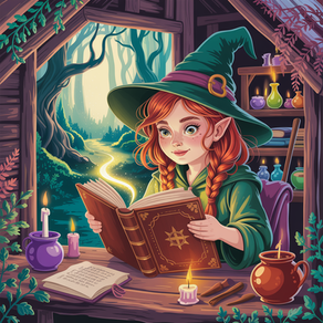 Liora die kleine Hexe sitzt in ihrem Haus und studiert Zaubersprüche