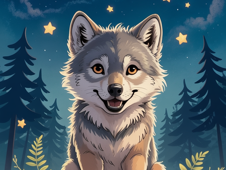 Lupo der kleine Wolf sitzt auf einem Berg. Die Sterne scheinen über ihm.