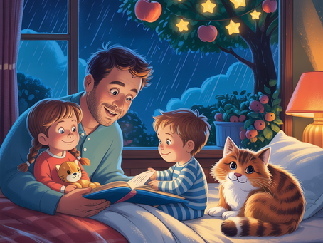 Papa sitzt mit seinen Kindern auf dem Bett und liest eine Gute-Nacht-Geschichte
