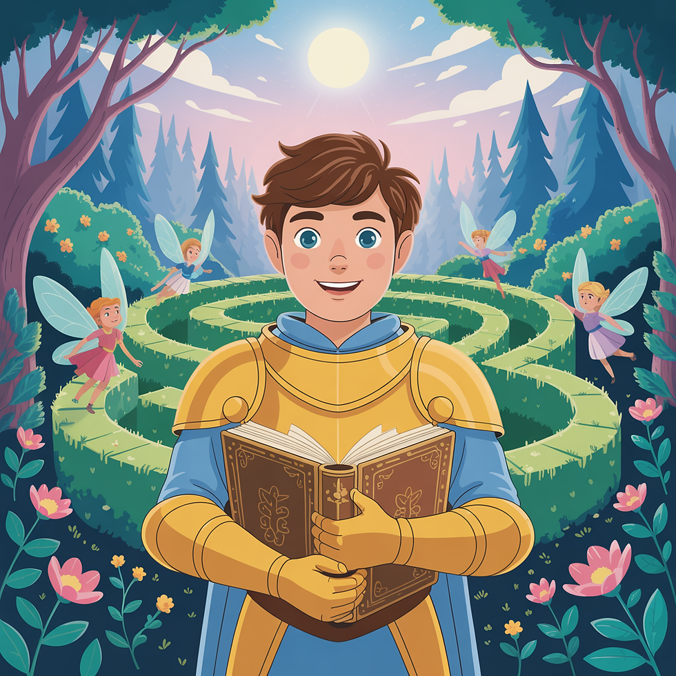 Finn steht mit dem Buch in der Hand vor dem Labyrinth