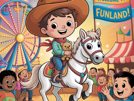 Finn steht mit seinem Pferd vor dem Riesenrad