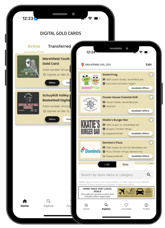 Digital Gold Card view in the GoldDeals+ app. Supporters can view local and national deals.