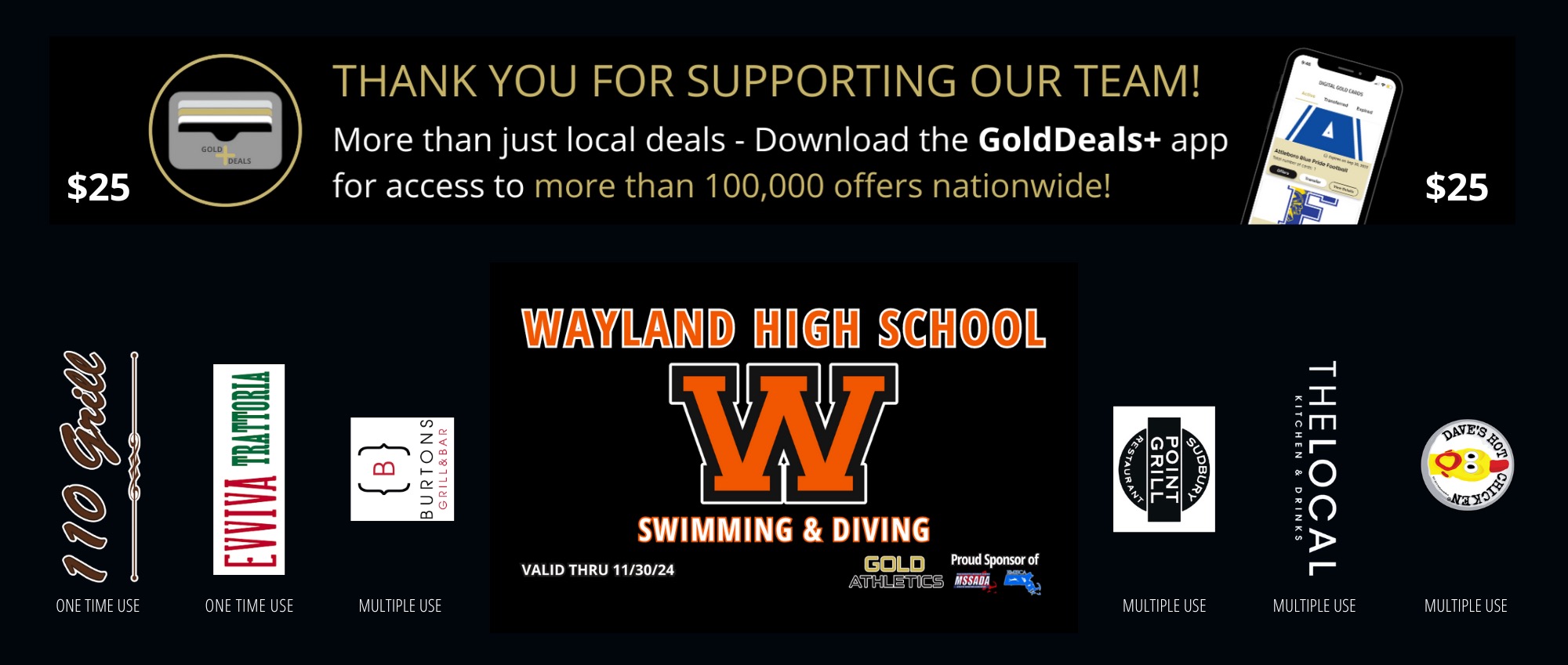The Wayland High School Swimming and Diving Gold Card