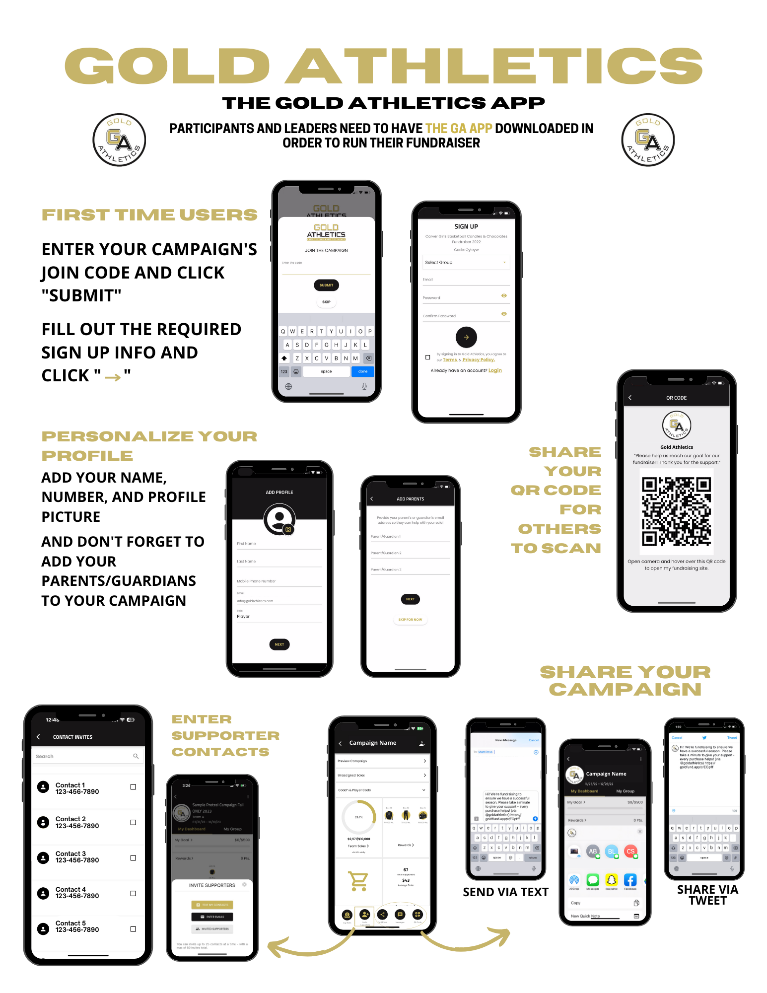 Image showing multiple smartphone screens demonstrating steps to use the Gold Athletics app for a fundraiser. Includes text instructions and QR code. Gold Athletics Fundraising, how to use the GA App