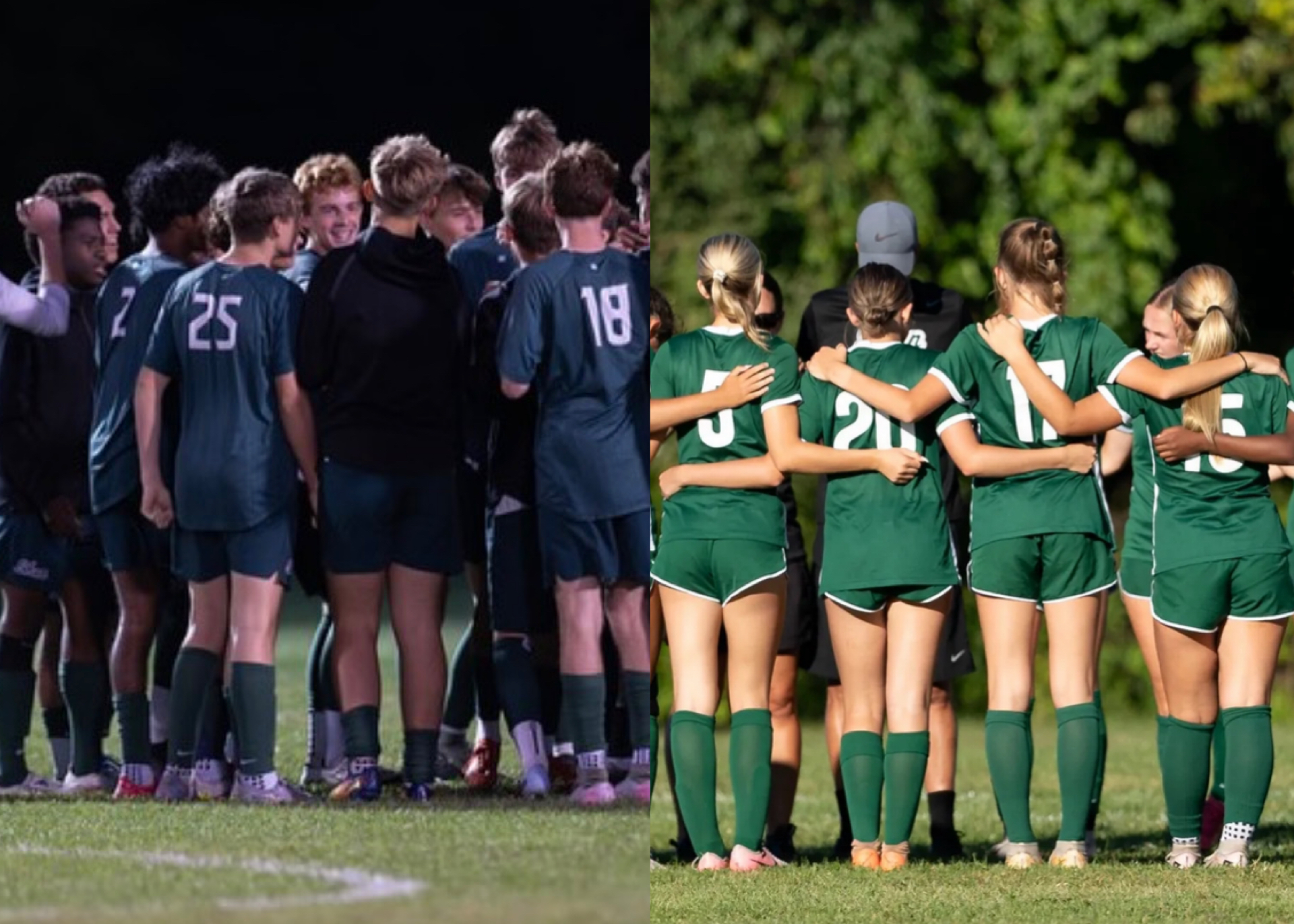 The Shen Boys and Girls Soccer teams huddling during a game.