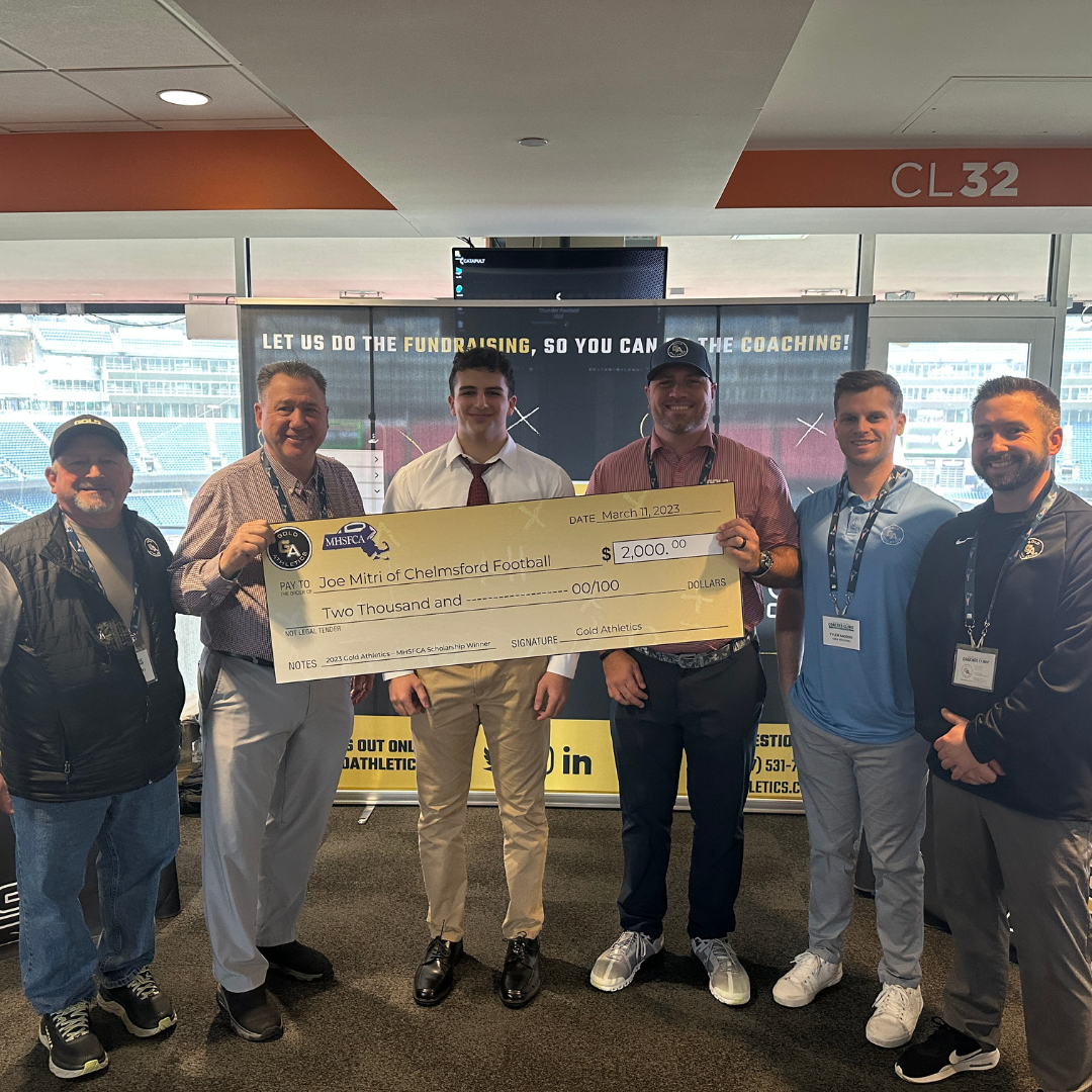 Scholarship recipient of 2023, Joe Mitri, shares excitement with the Gold Athletics team as Joe was awarded his $2,000 scholarship. 