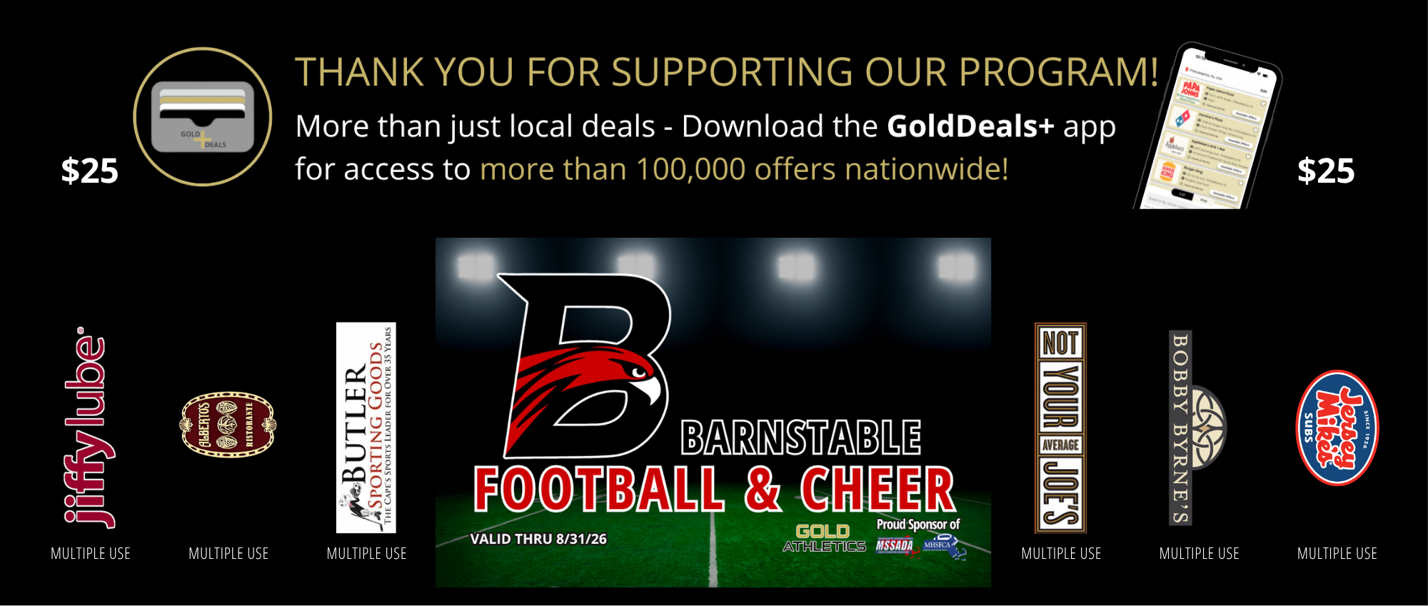 Barnstable Football and Cheer's 2025 Gold Card design with Gold Athletics.