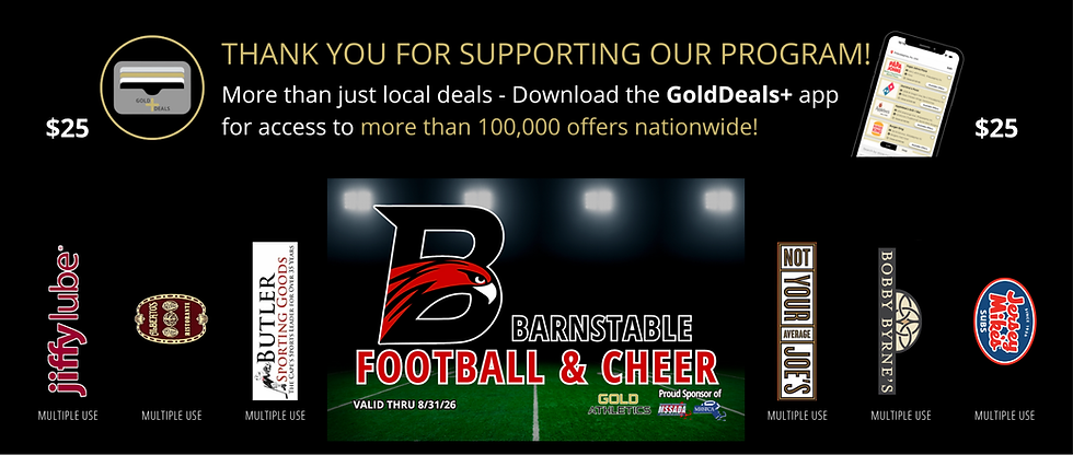 Barnstable Football and Cheer's 2025 Gold Card design with Gold Athletics.