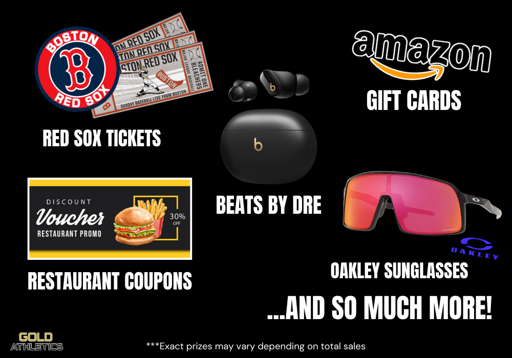 Popular options include Red Sox tickets, Apple AirPods, Amazon gift cards, and local restaurant vouchers. 