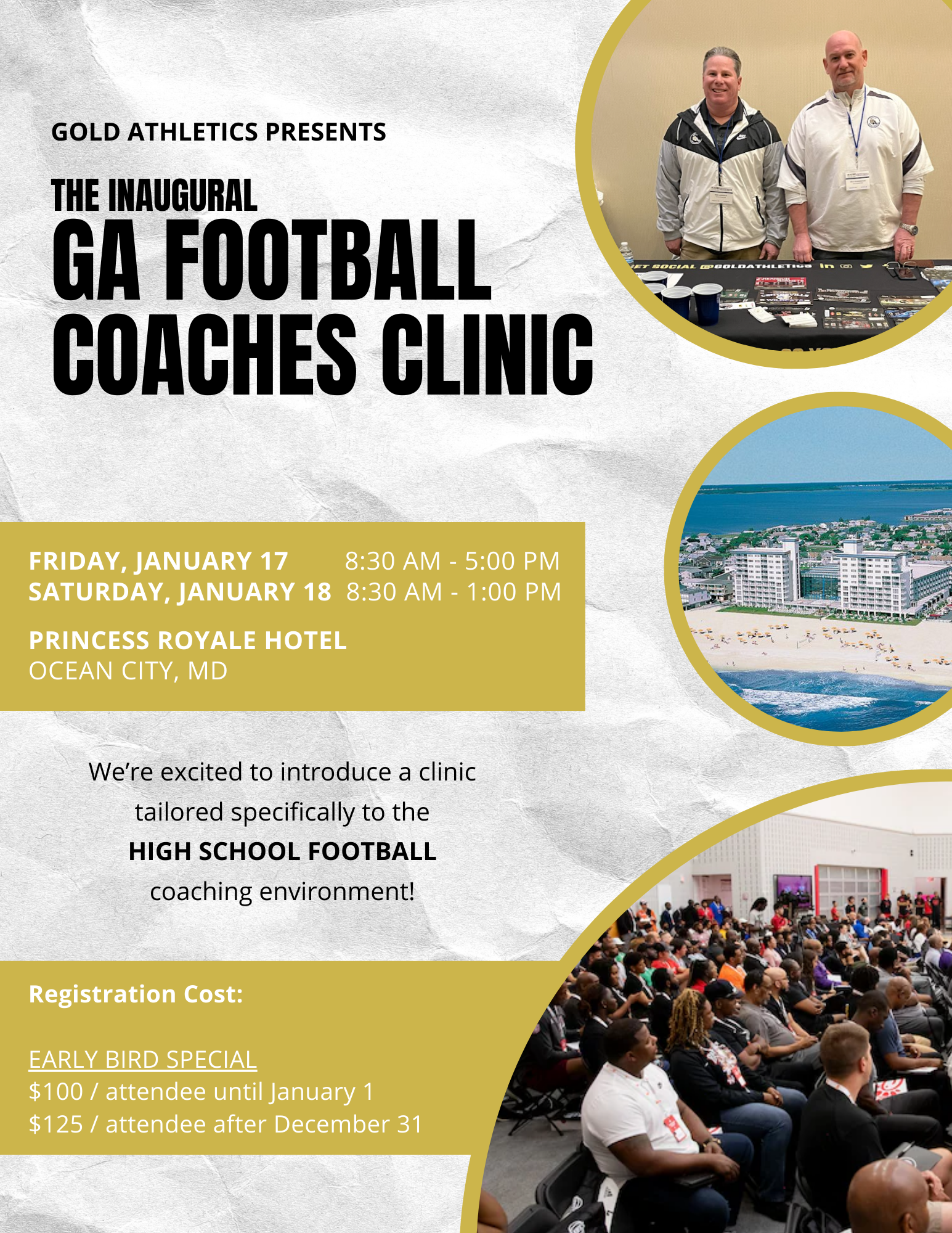 Finally, a clinic built for high school football coaches. With real solutions, and real impact. If you’ve ever left a clinic feeling like the advice didn’t quite fit your program, this one is for you. The GA Coaches Clinic is here to change that.Happening January 17–18, 2025, in Ocean City, MD, this pay-it-forward event is designed specifically for high school football coaches. 