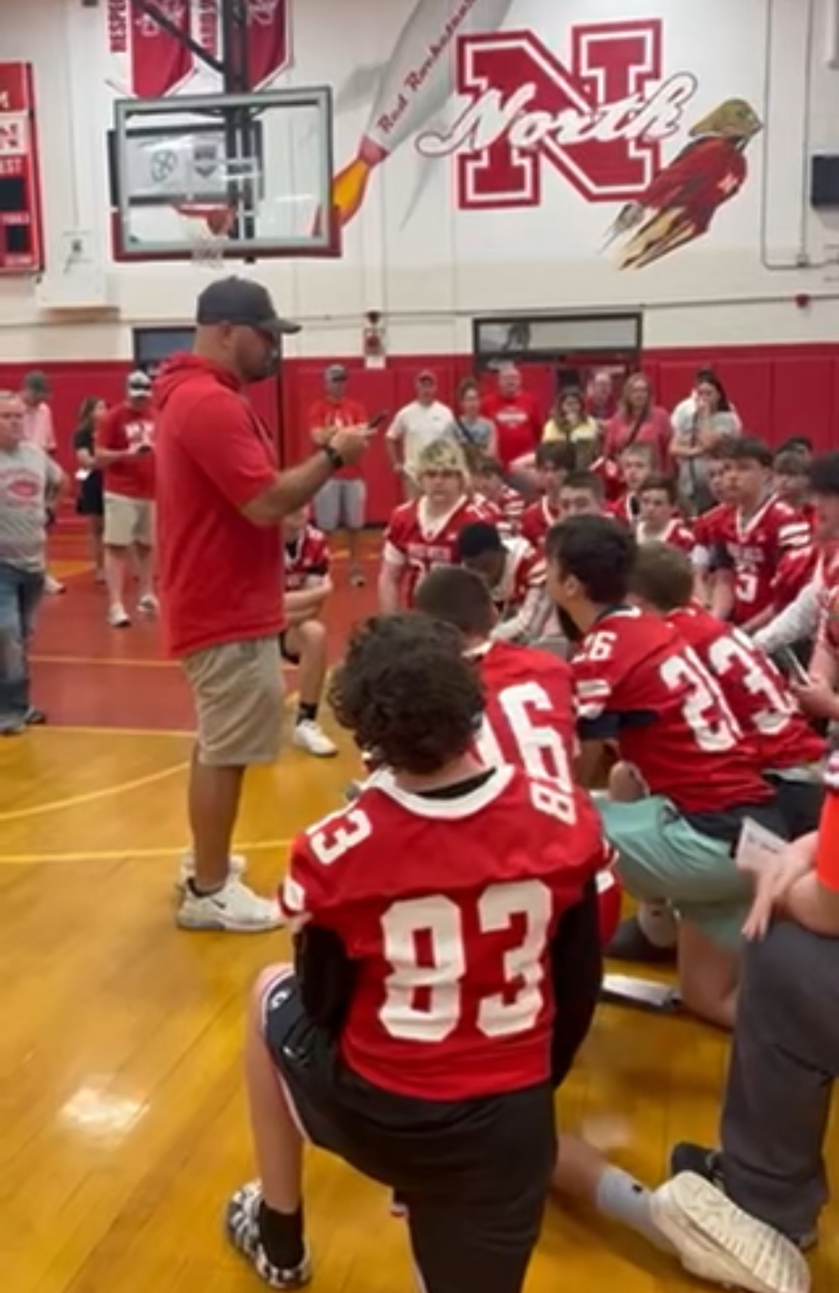 Matt Ross doing an in-person kickoff with the 2025 North Attleboro Football team.