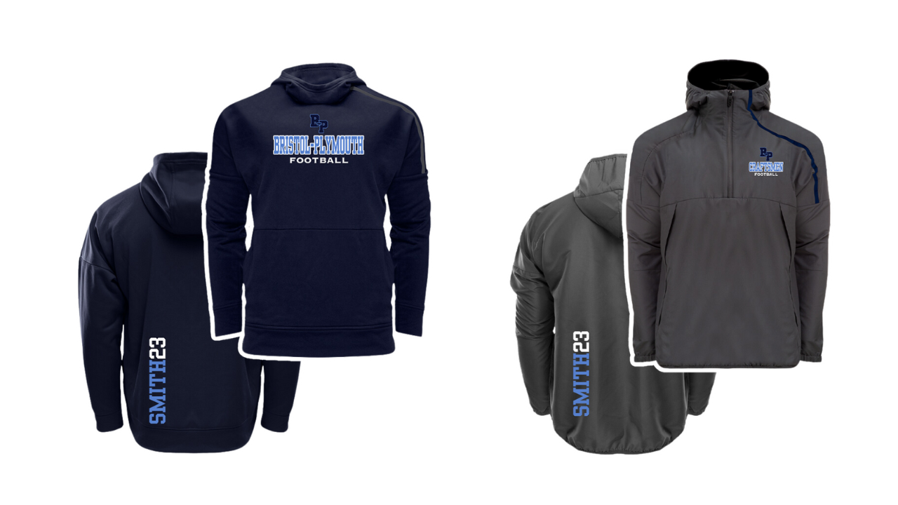 Bristol-Plymouth Football players won prizes Gold Card Fundraiser High school football - Bristol-Plymouth Football players won prizes including custom branded quarter-zips and hoodies personalized with their name and number. 2024. 