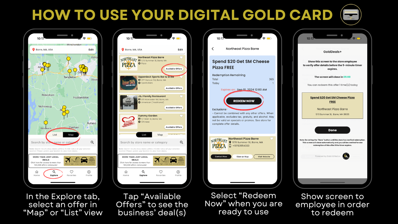 Step by step on who to use your Gold Card in the GoldDeals+ app with Gold Athletics.