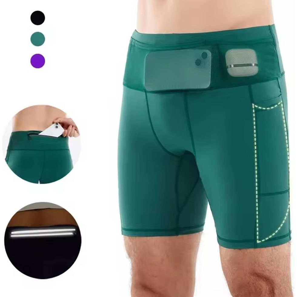 Men's compression shorts with 6 pockets and phone storage.