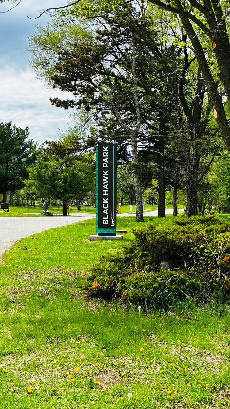 exterior of a campground with green trees and campers