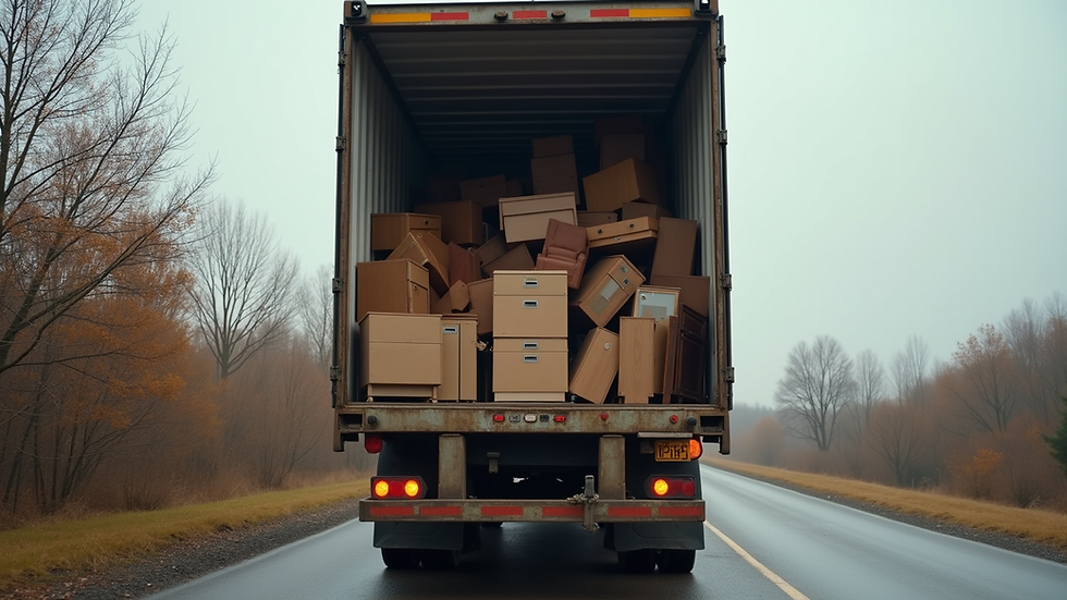 Eye-level view of a large truck loaded with furniture ready for disposal