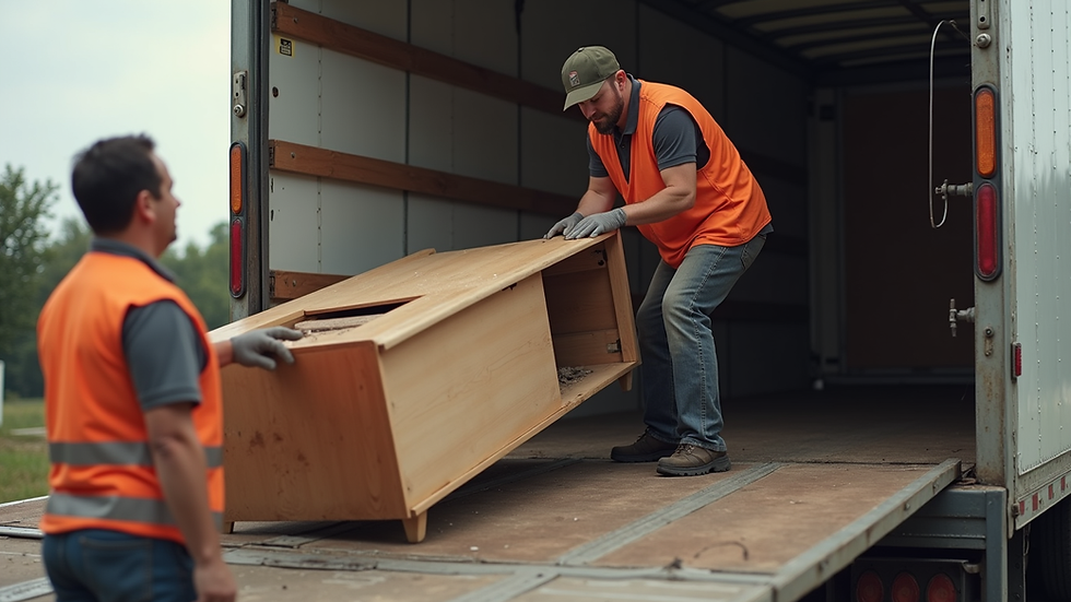 Close-up view of a junk removal professional loading old furniture into a truck