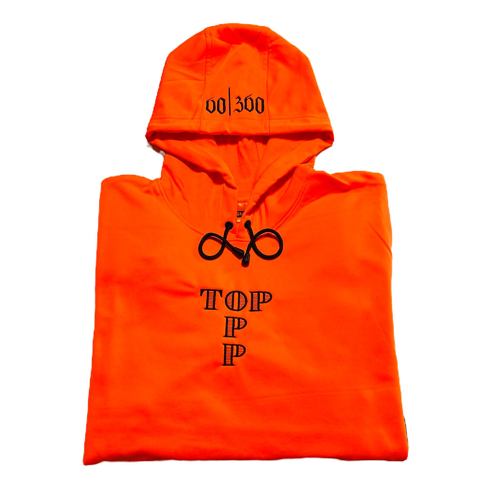 A folded safety orange hoodie with the words "Top Opp" intersecting at the "O" forming a T-shape in black with 60|360 in black in the middle of the hood.