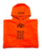 A closer view of a folded safety orange hoodie with the words "Top Opp" intersecting at the "O" in black in the middle of the hoodie and 60|360 in the middle of the hood.