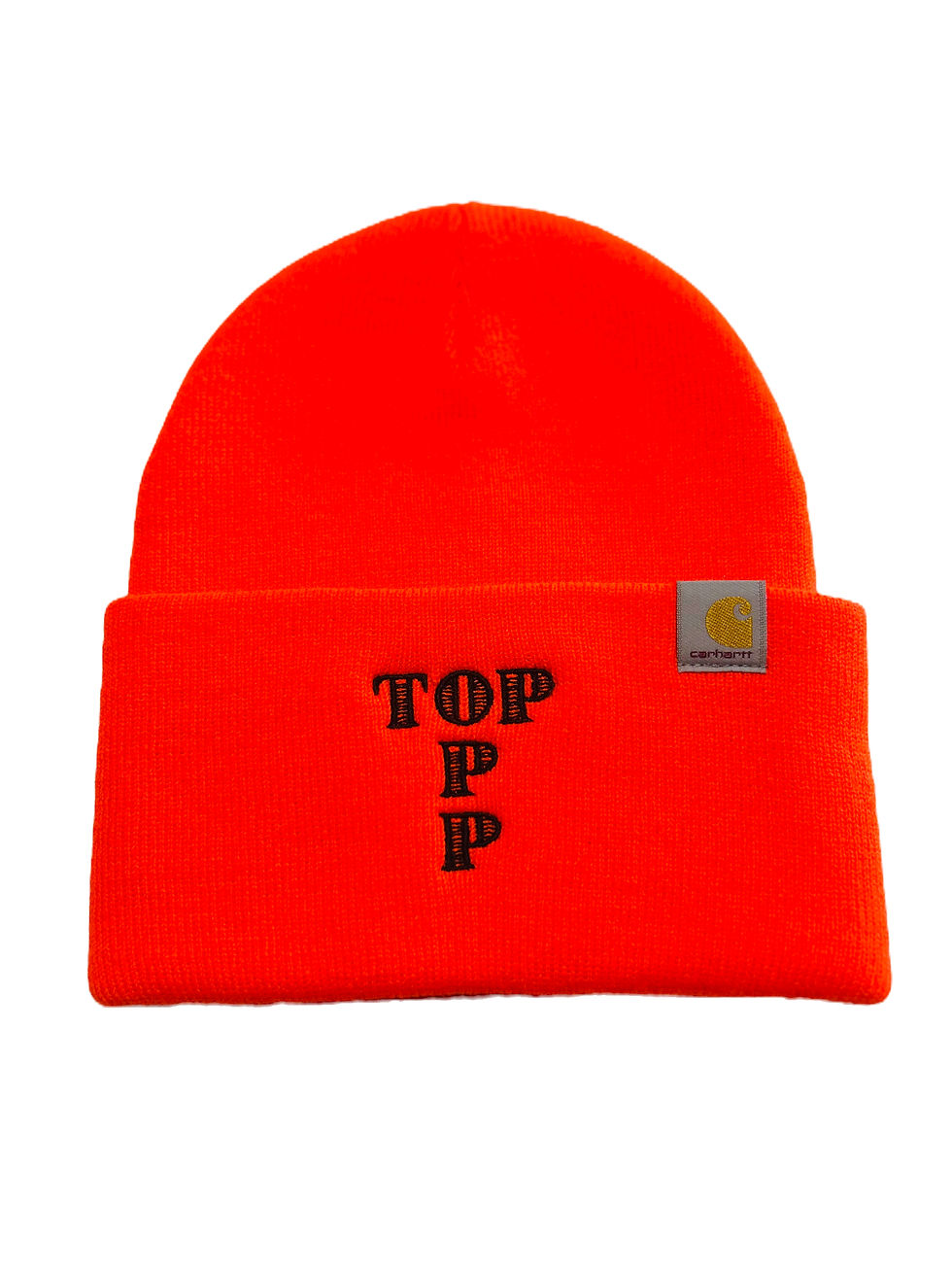 A closer view of a safety orange Carhartt beanie with the words "Top Opp" intersecting at the "O" in black.