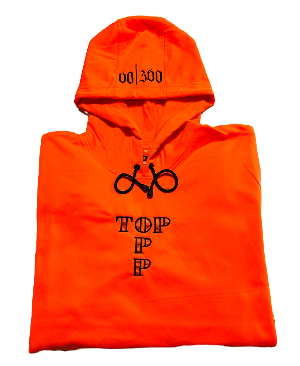 A folded safety orange hoodie with the words "Top Opp" intersecting at the "O" forming a T-shape in black with 60|360 in black in the middle of the hood with the drawstrings curled.