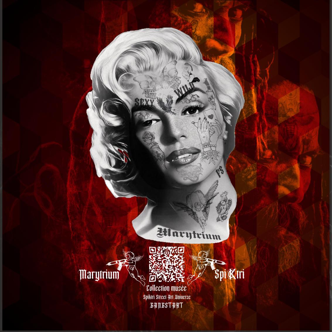 Marilyn Monroe" painting  creation by artist Spiktri. This artwork is available in various sizes on brushed aluminium red