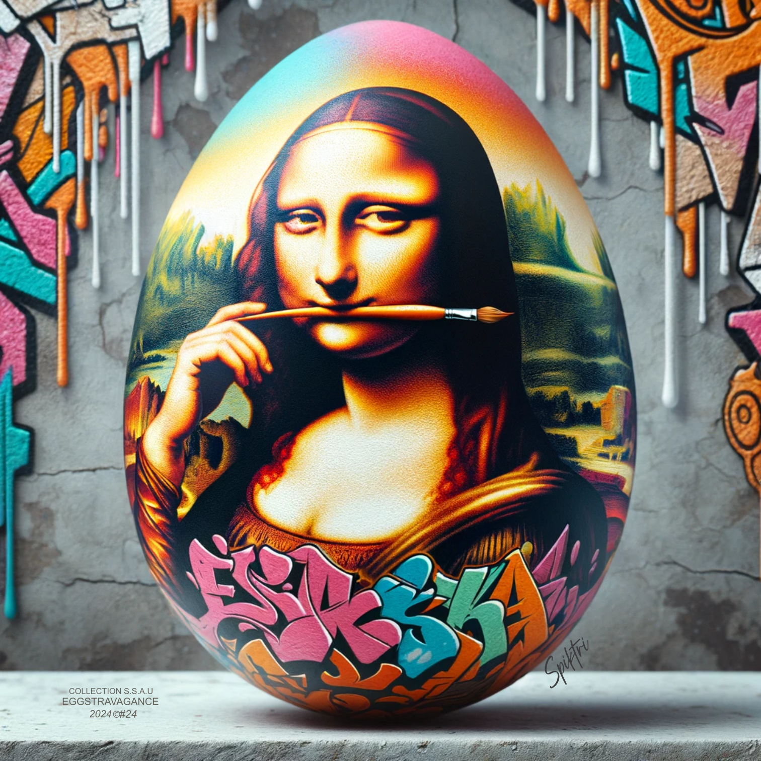 "Tableau #24 de la Collection Capsule Eggstravagance 2024 : Représentation de la Joconde avec un pinceau entre ses lèvres, il