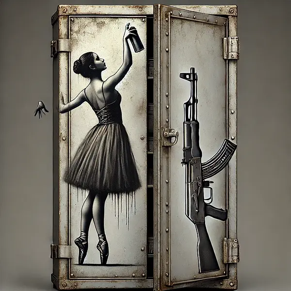 la malle avec la danseuse d'opéra tenant une bombe de peinture et un AK-47.