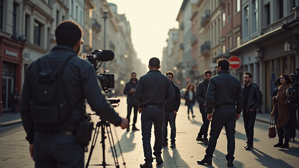 Eye-level view of a film crew setting up camera equipment on a Cape Town street