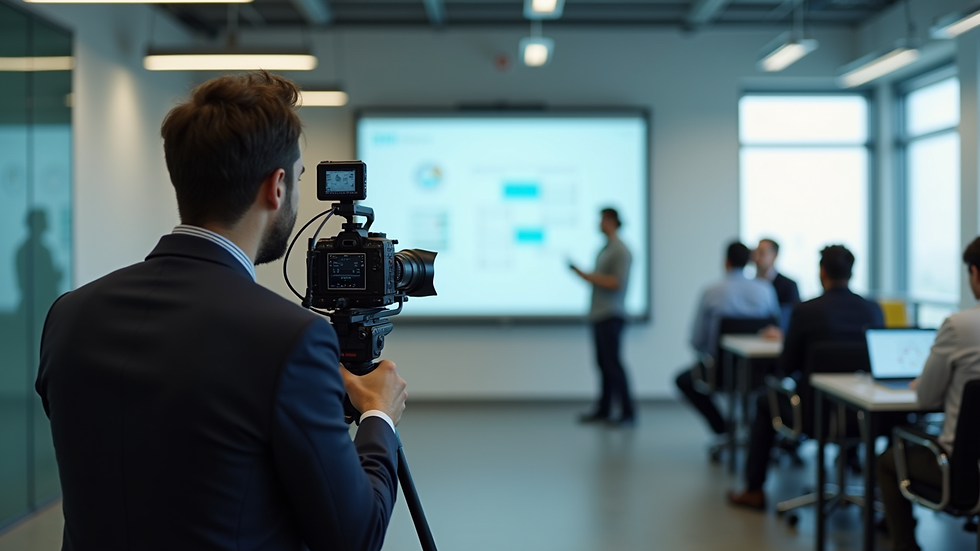 Wide angle view of a videographer filming a business presentation in a modern office