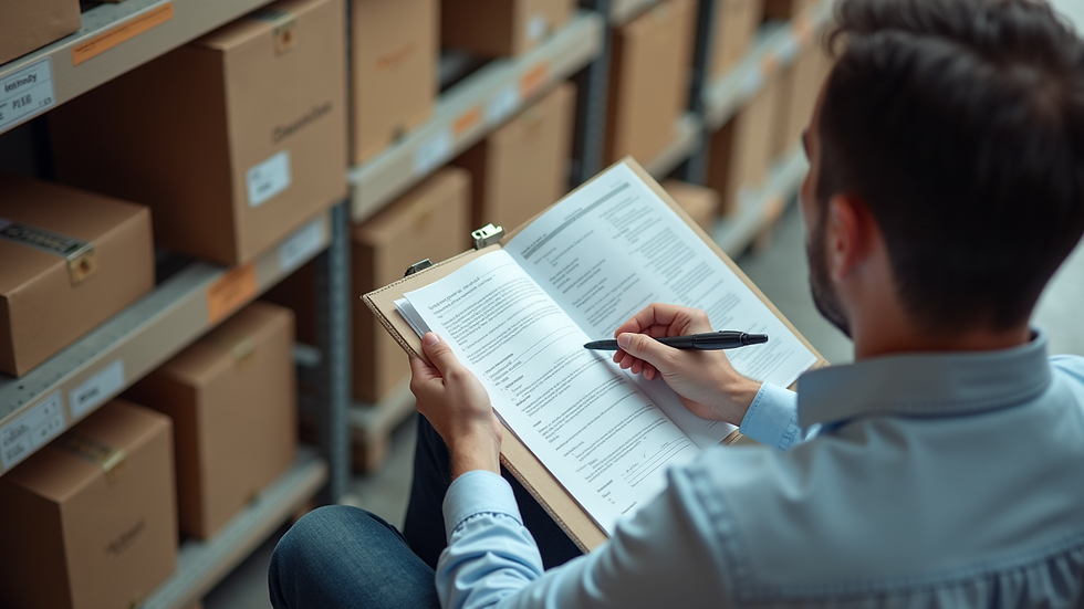 High angle view of a small business owner reviewing supply chain documents
