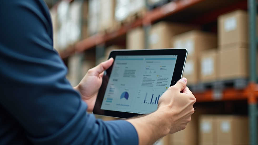 Close-up view of a logistics manager checking shipment details on a tablet