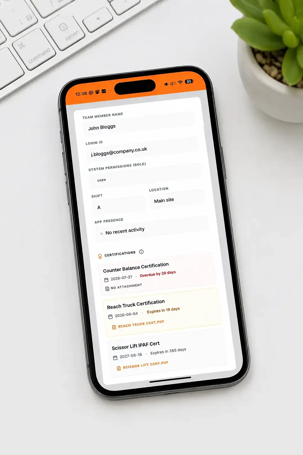 MHE Checker operator qualification screen showing certifications and expiry dates on a mobile phone