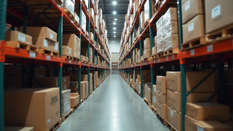 Eye-level view of warehouse shelves stocked with organized inventory