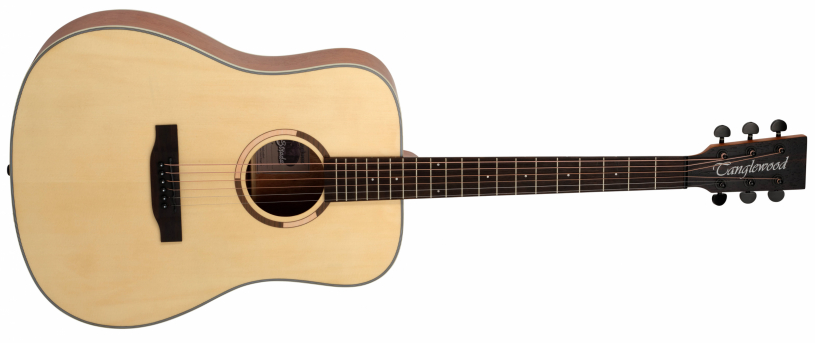 Acoustic guitar with light wood body and dark fretboard on a white background, Tanglewood logo on the headstock. Strada Dreadnaught availible at SL Guitar Works Doncaster